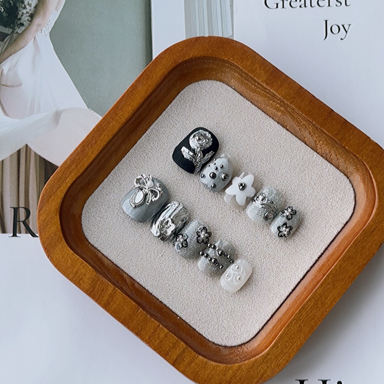 : Long Teardrop-Shaped Rhinestones & French Manicure Style