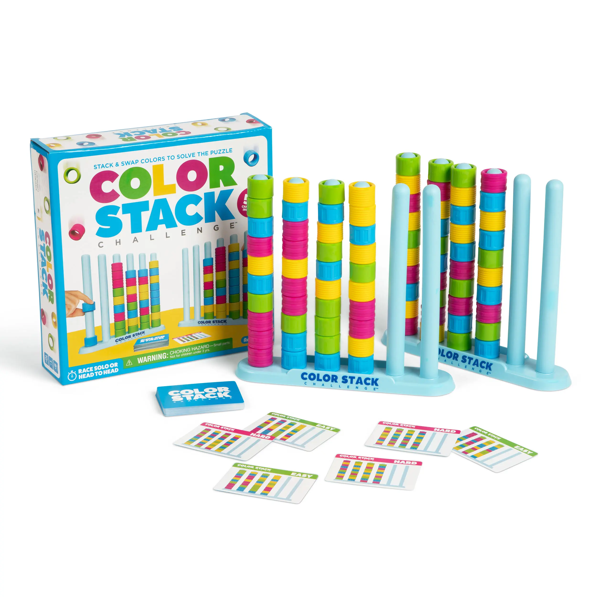 Color Stack Challenge by Storitems – A Fast-Paced Color Matching Puzzle Game for Fun Parties and Family Game Night. Includes 2 Stack Racks, 50 Challenge Cards, 80 Rings & Instructions