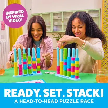 Color Stack Challenge by Storitems – A Fast-Paced Color Matching Puzzle Game for Fun Parties and Family Game Night. Includes 2 Stack Racks, 50 Challenge Cards, 80 Rings & Instructions