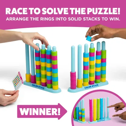Color Stack Challenge by Storitems – A Fast-Paced Color Matching Puzzle Game for Fun Parties and Family Game Night. Includes 2 Stack Racks, 50 Challenge Cards, 80 Rings & Instructions