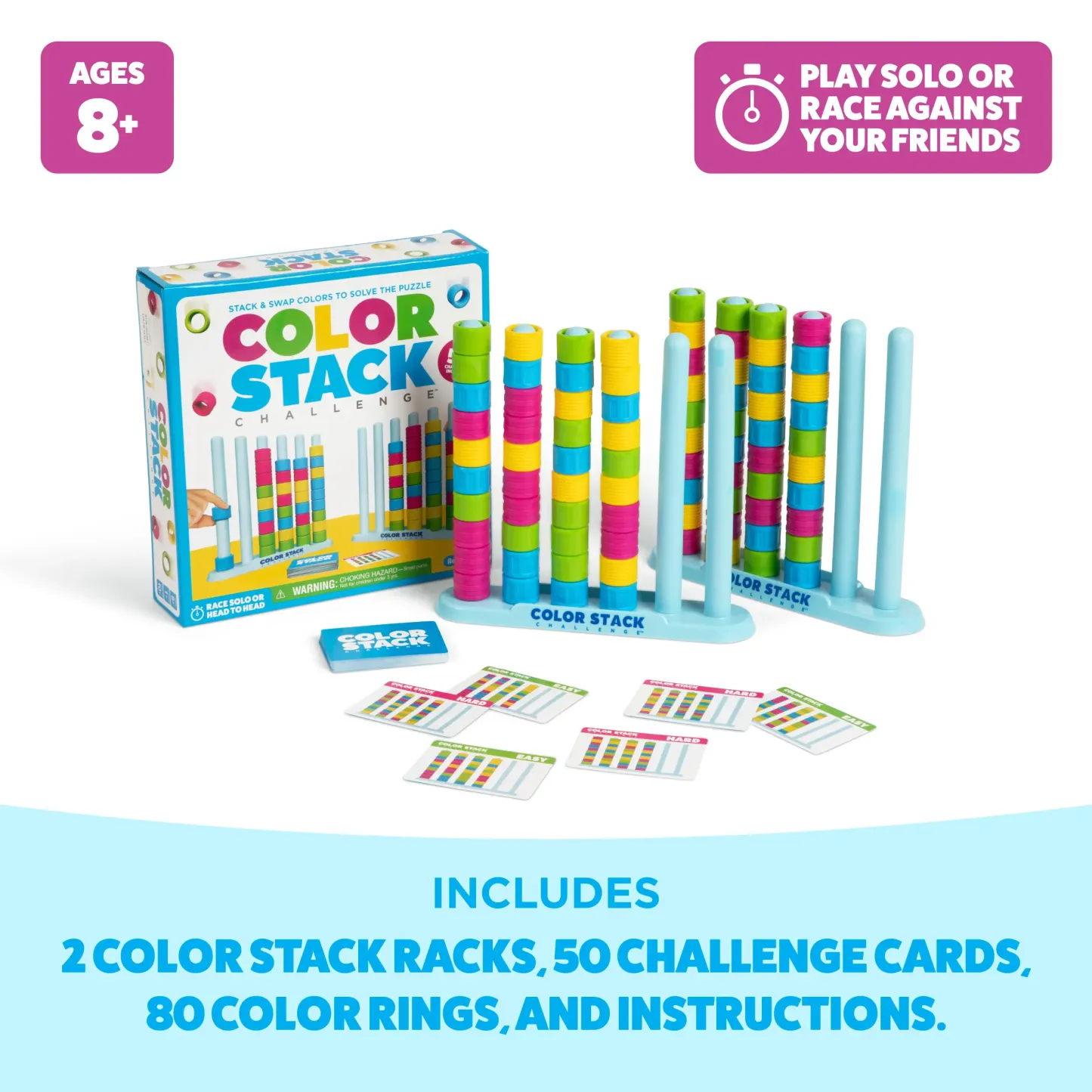 Color Stack Challenge by Storitems – A Fast-Paced Color Matching Puzzle Game for Fun Parties and Family Game Night. Includes 2 Stack Racks, 50 Challenge Cards, 80 Rings & Instructions