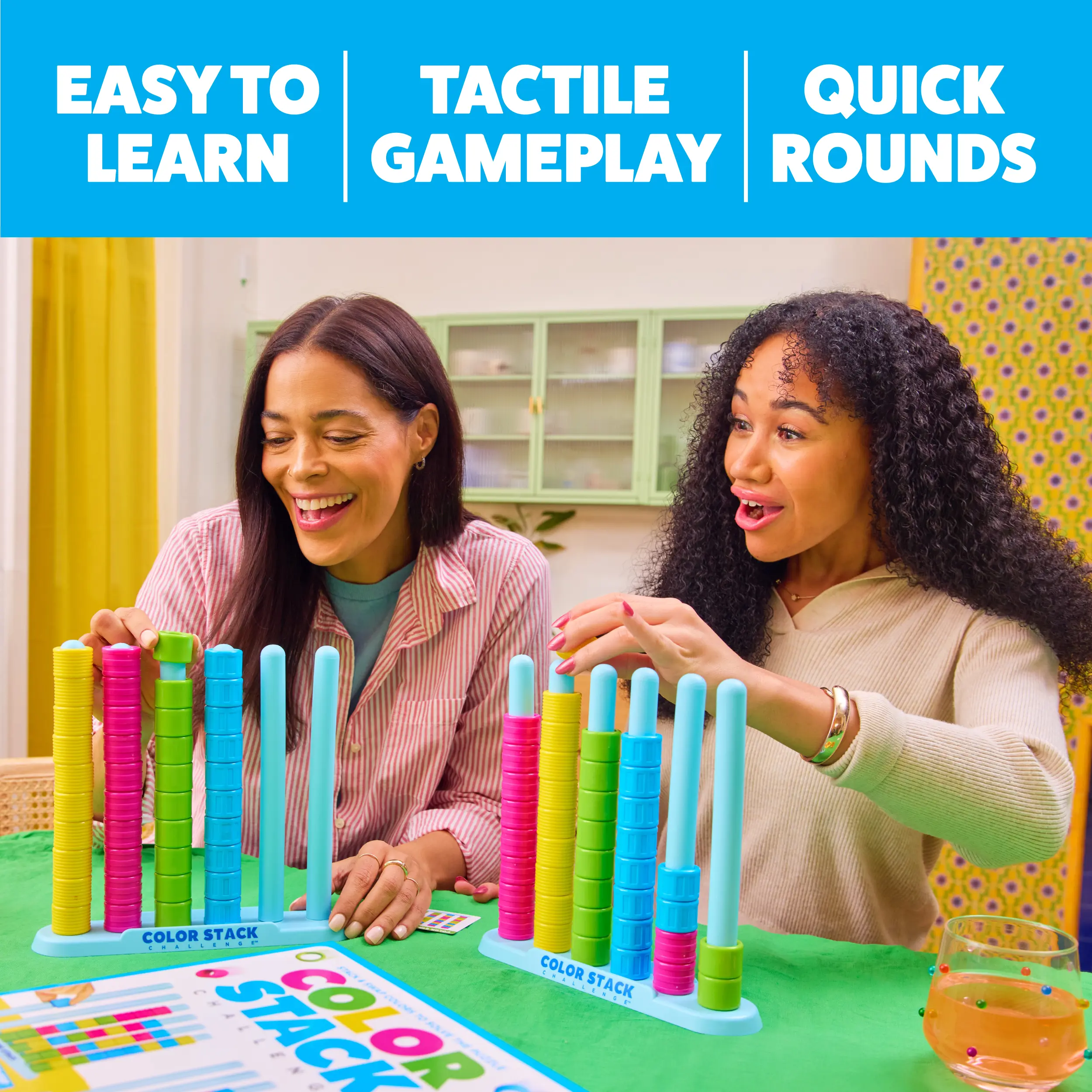 Color Stack Challenge by Storitems – A Fast-Paced Color Matching Puzzle Game for Fun Parties and Family Game Night. Includes 2 Stack Racks, 50 Challenge Cards, 80 Rings & Instructions