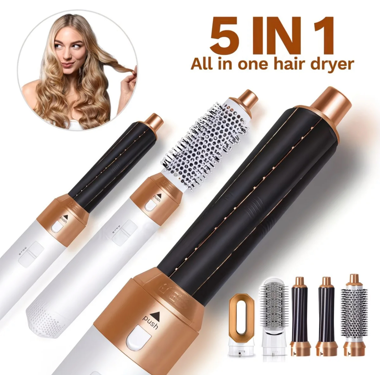 Best-Selling 5 in 1 Air Styler Automatic Hair Curling Iron with Detachable Brush Head, Blow-Dry,Straightening Wrap Negative Ions Ergonomic Rose Gold(Advanced Custom) Holiday Gift