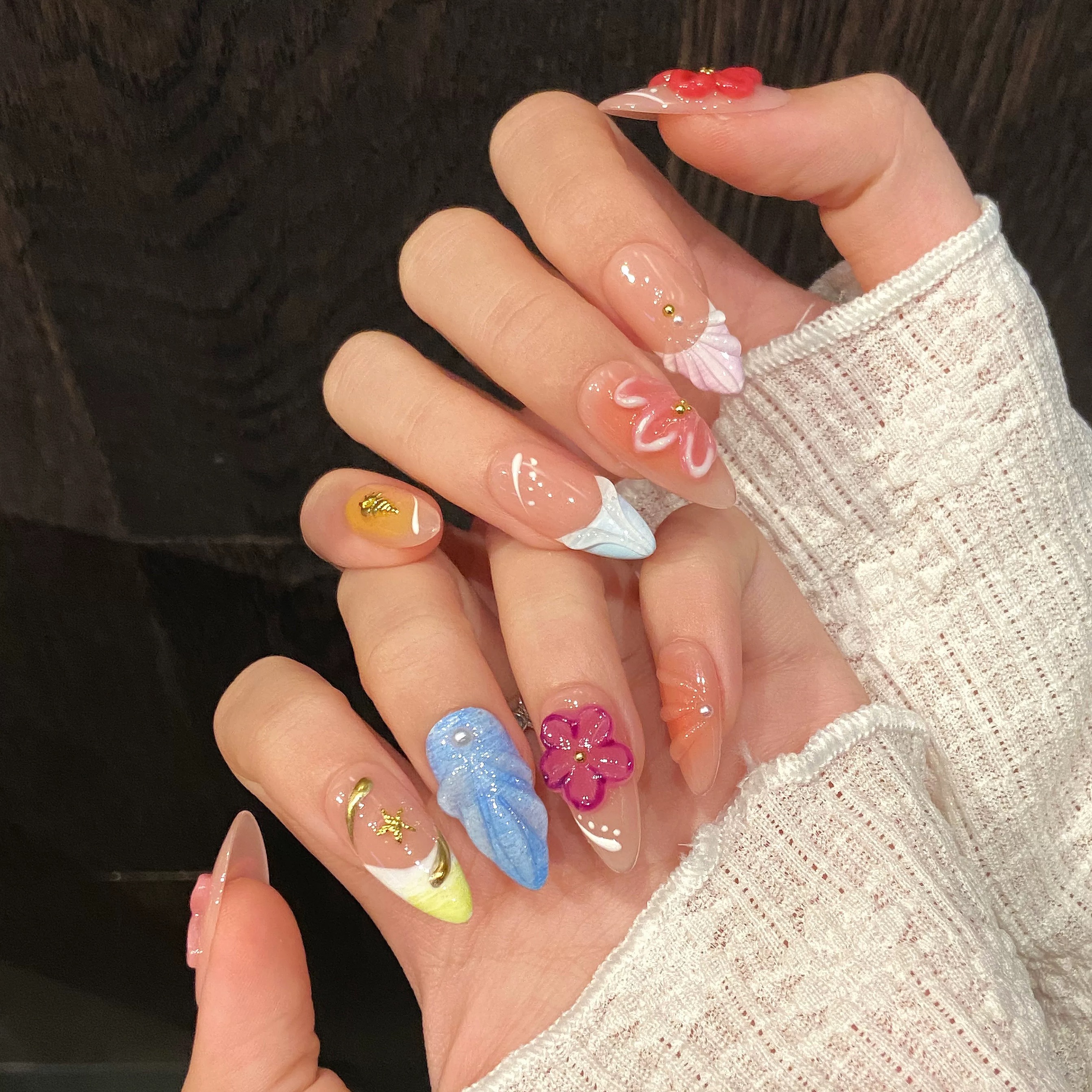 Instagram-Style Summer "Dopamine" Nails: 3D Floral & Tropical — Handcrafted, Light-Luxury Press-Ons