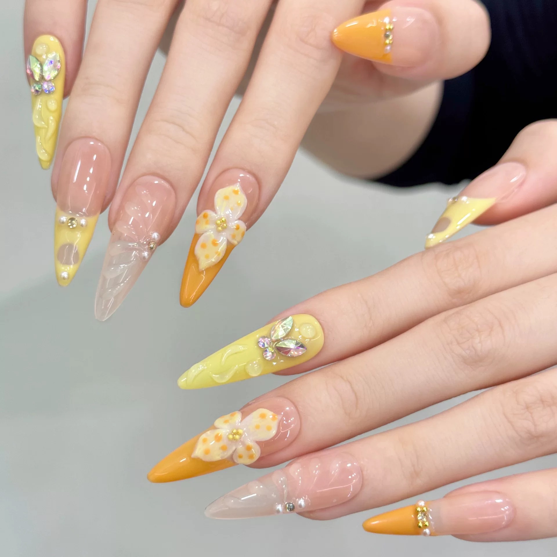 Vibrant Summer Orange Press-On Nails: Long Teardrop-Shaped Rhinestones & French Manicure Style