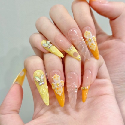 Vibrant Summer Orange Press-On Nails: Long Teardrop-Shaped Rhinestones & French Manicure Style