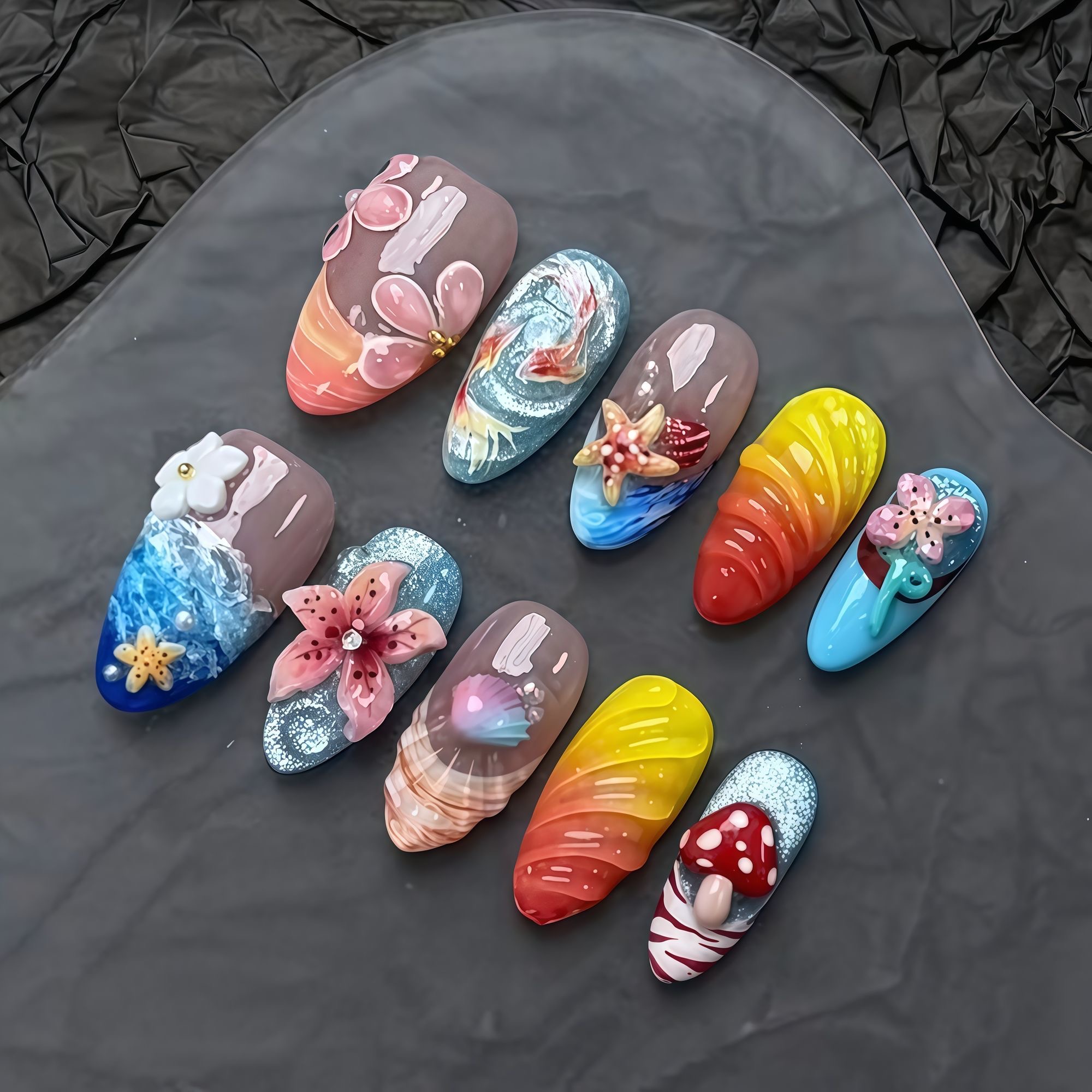 2026 New Arrival: Ocean-Themed 3D Sculpted Press-On Nails — Handcrafted Seashell & Goldfish Design (Fairness-Enhancing)