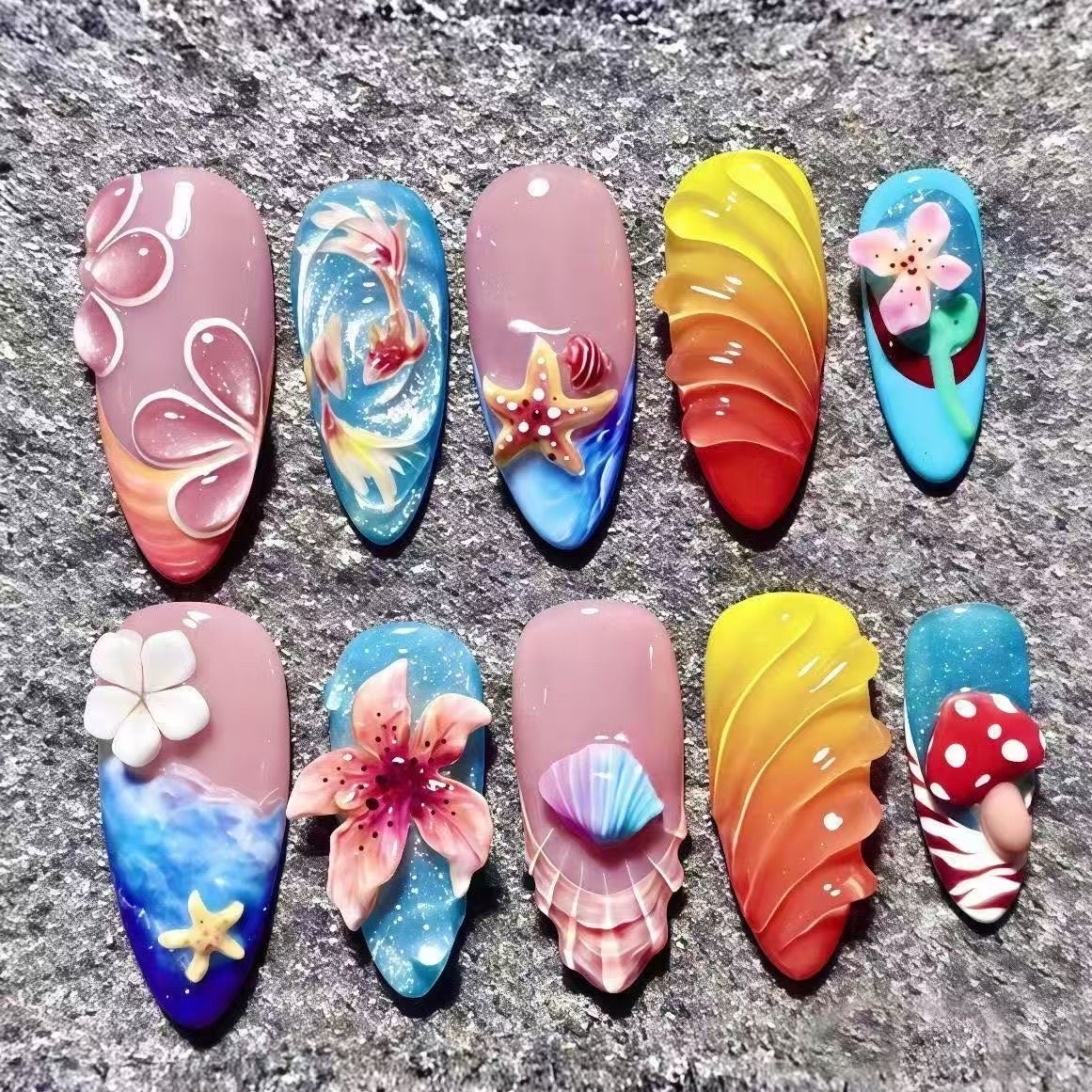 2026 New Arrival: Ocean-Themed 3D Sculpted Press-On Nails — Handcrafted Seashell & Goldfish Design (Fairness-Enhancing)