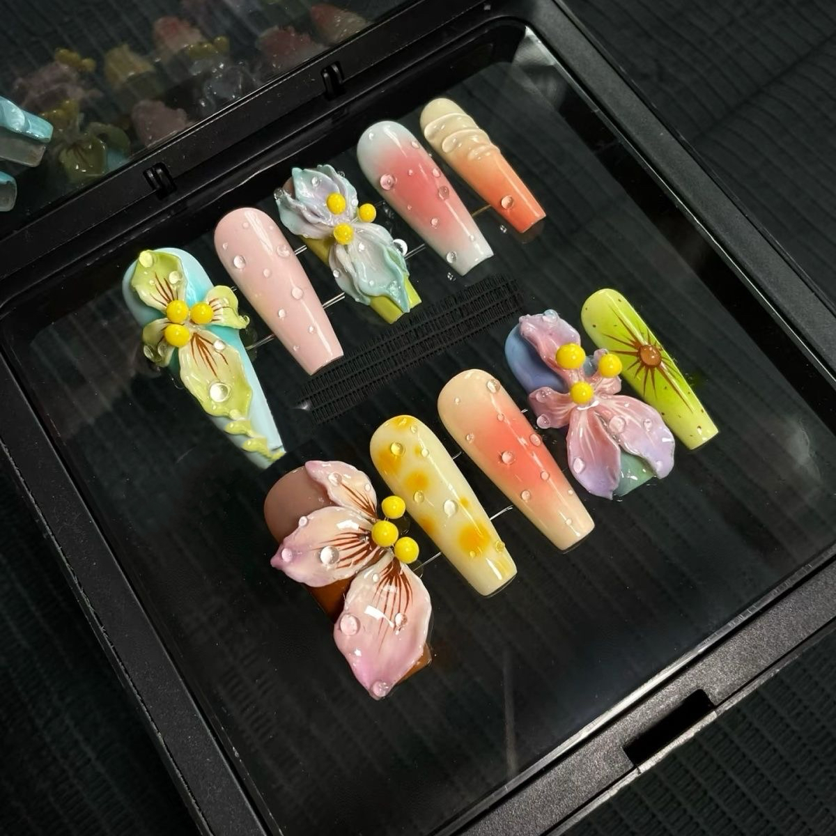 Premium Handcrafted Press-On Nails — 3D Floral & Island-Inspired Carvings, Detachable Design, "Dopamine" Color Palette, and Instagram-Worthy Style