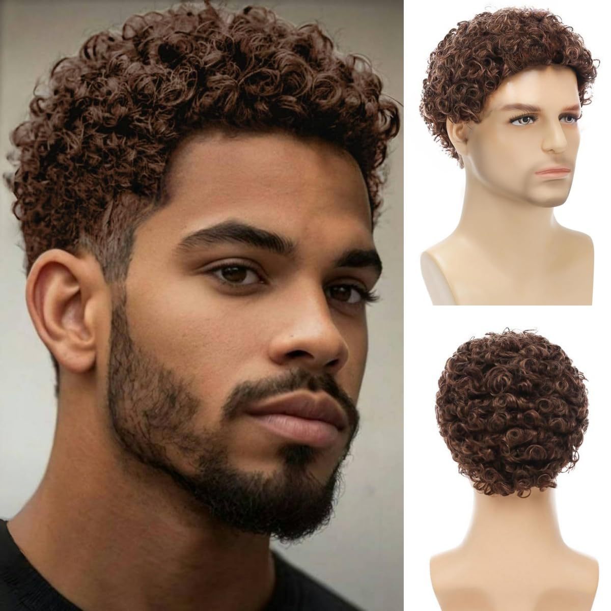 Men's Wig — Realistic, Voluminous Short Curly Hair (African-Style Tight Curls) — Black Short Curly Wig with Rose Net Cap