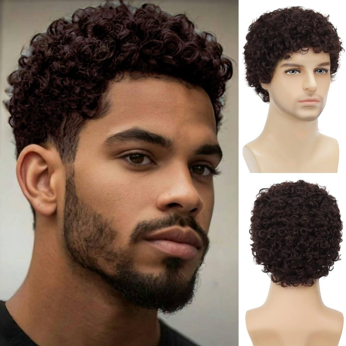 Men's Wig — Realistic, Voluminous Short Curly Hair (African-Style Tight Curls) — Black Short Curly Wig with Rose Net Cap