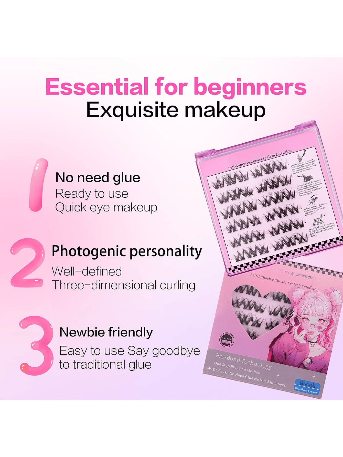 "Rock Sweetheart" Glue-Free False Eyelashes — Beginner-Friendly, Segmented, Self-Adhesive, Voluminous Style