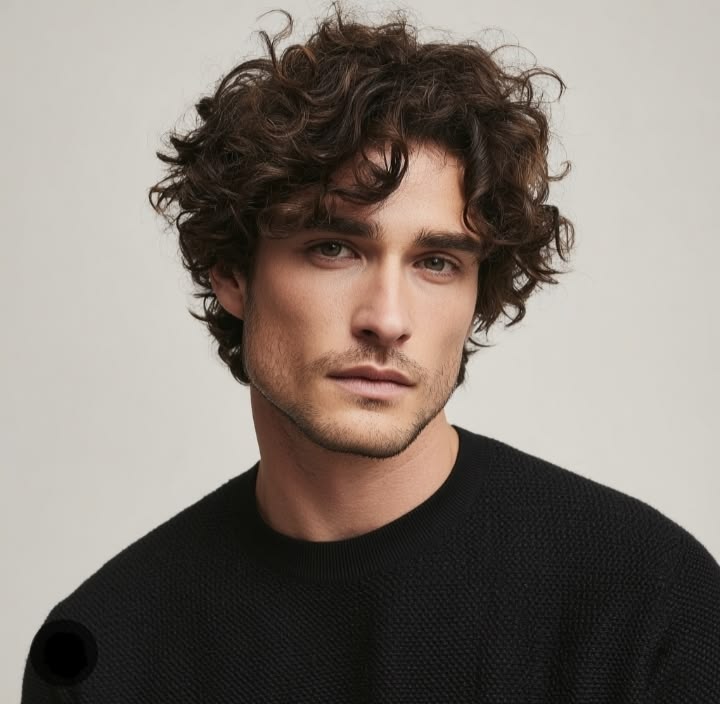 Stylish Men's Wig: Fluffy & Natural Deep Brown Short Curly Hair — Full-Head Wig with Swept-Back Bangs