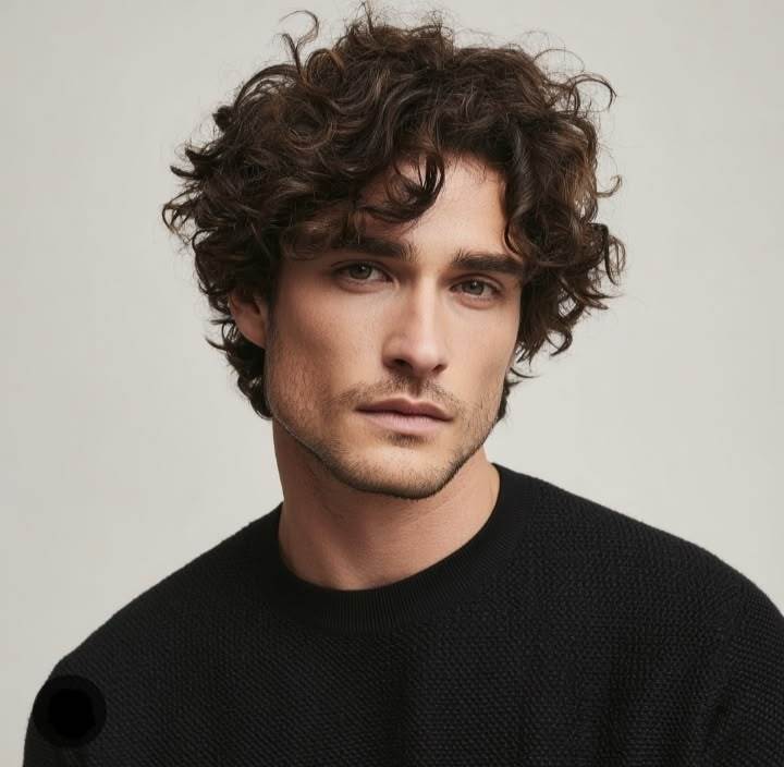 Stylish Men's Wig: Fluffy & Natural Deep Brown Short Curly Hair — Full-Head Wig with Swept-Back Bangs