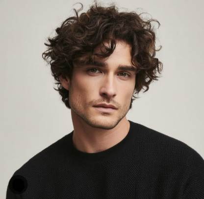 Stylish Men's Wig: Fluffy & Natural Deep Brown Short Curly Hair — Full-Head Wig with Swept-Back Bangs