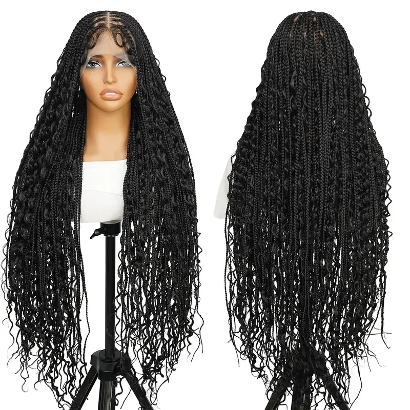 36 Inches Full Lace Premium Synthetic Fiber Bohemian Box Braided Wigs Knotless Glueless Boho