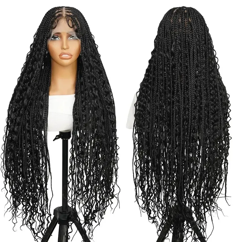 36 Inches Full Lace Premium Synthetic Fiber Bohemian Box Braided Wigs Knotless Glueless Boho