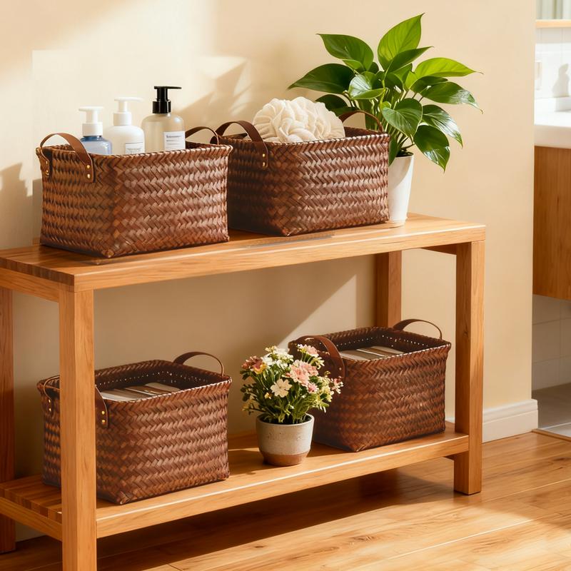 4 Pack Handwoven Wicker Storage Baskets, Large Storage Bins, Rattan Style Home Storage Organizer for Shelves, Closet, Laundry Hampers, Clothes & Blanket Storage, Bedroom & Bathroom Organization