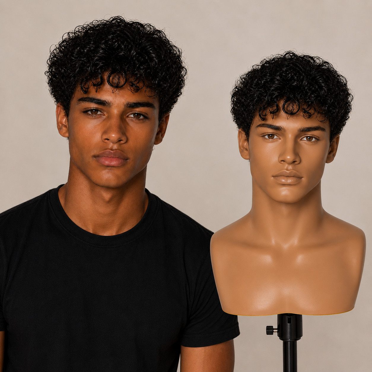 Men's Wig — Realistic, Voluminous Short Curly Hair (African-Style Tight Curls) — Black Short Curly Wig with Rose Net Cap