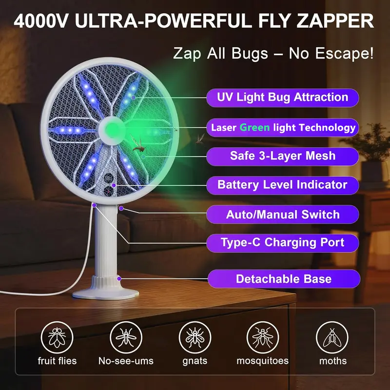 Rotating Head Electric Fly Swatter Racket Rechargeable Bug Zapper Racket Bug Zapper Indoor Fly Zapper Mosquito Zapper Flies Killer for Indoors, with a Telescopic Extension