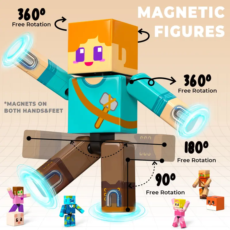 agnetic Building Blocks - 20 Pcs Magnetic Action Figures Playset, Magnetic Building Block Toys with Magnetic Cubes, 360° Rotating Arms and Legs, Creative Play Set for Kids 6+, Birthday Gifts for Boys Girls