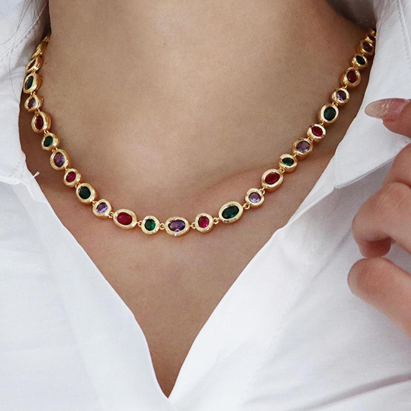 Multi-Color Gemstone Necklace for Women & Men 14ct Lab-Grown Gemstones 18K Gold Plated Adjustable 16-18 Inches Vintage Statement Gift