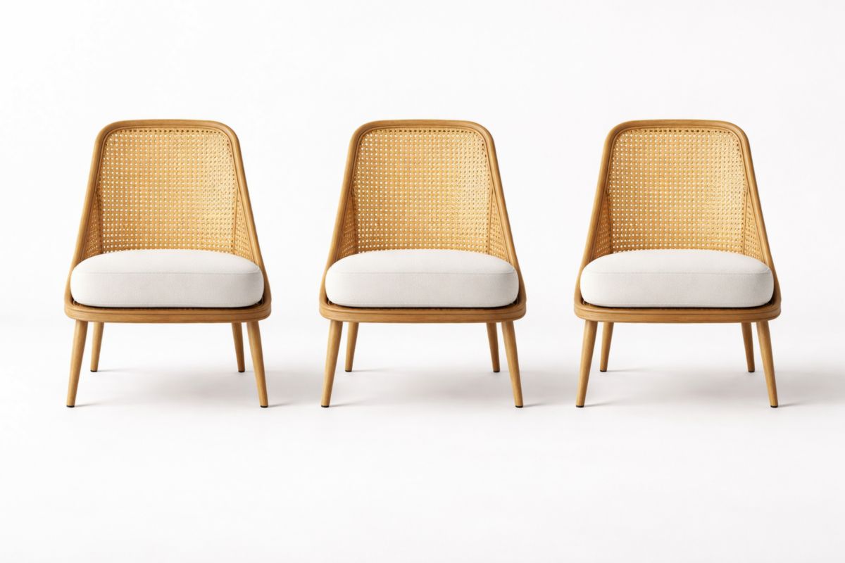 Set di 3 sedie in legno e rattan con cuscino beige-Placenestia