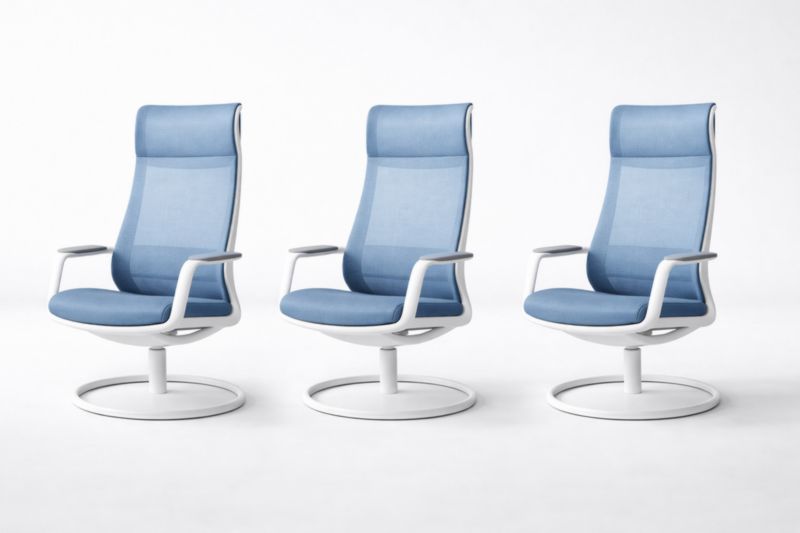 Sedia girevole con schienale alto in tessuto a rete blu e struttura in metallo bianco-Placenestia