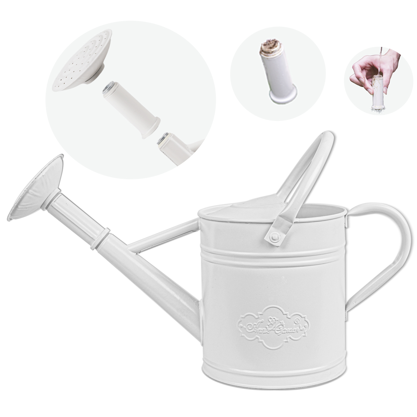White 1 Gallon Metal Watering Can with Removable Rose