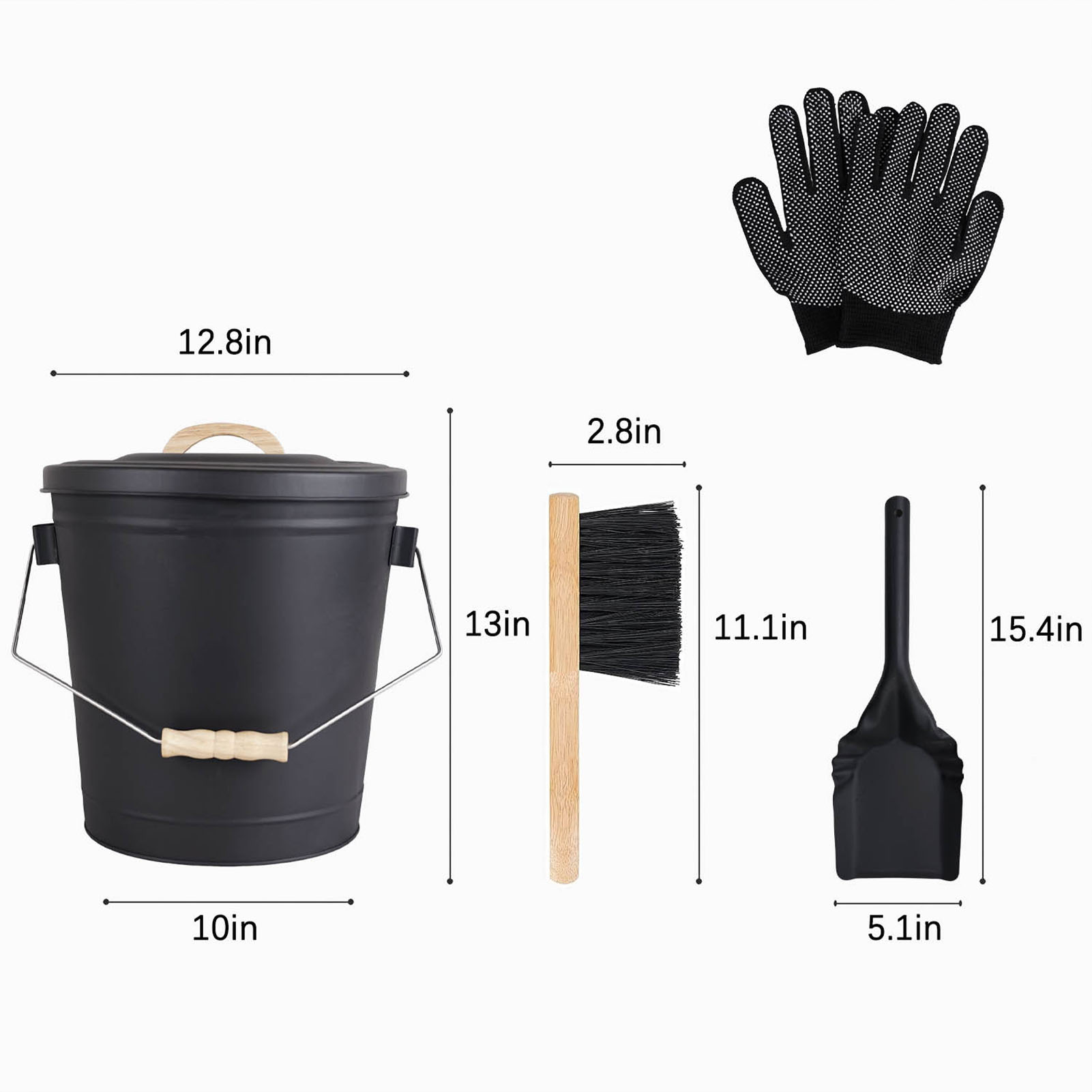 Black 5.2 Gallon Ash Bucket with Fireplace Tools