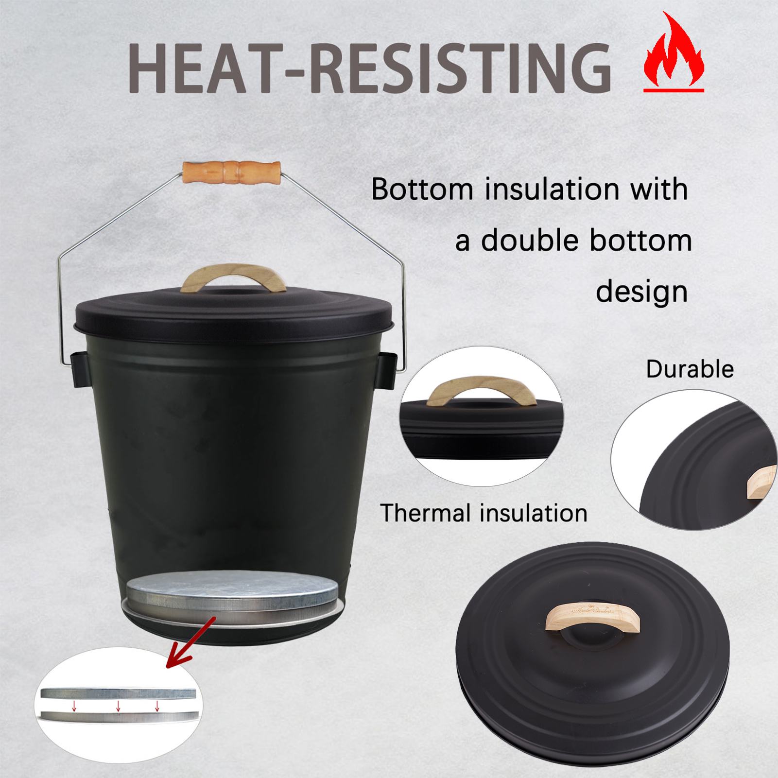 Black 5.2 Gallon Ash Bucket with Fireplace Tools