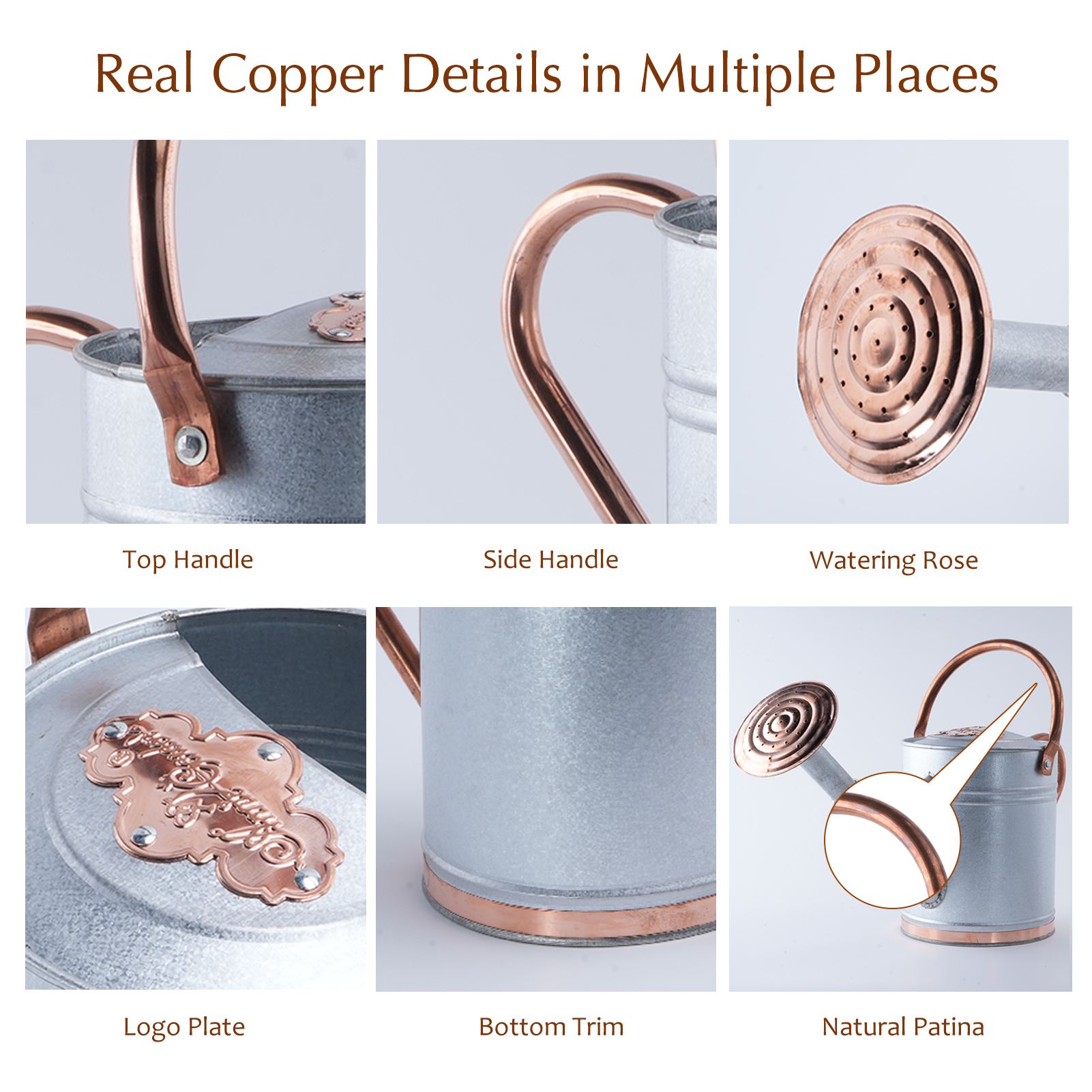Galvalume 1 Gallon Watering Can with Copper Details