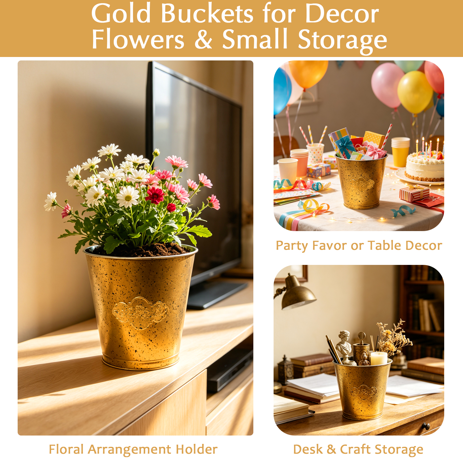 Set of 3 Gold Metal Display Buckets