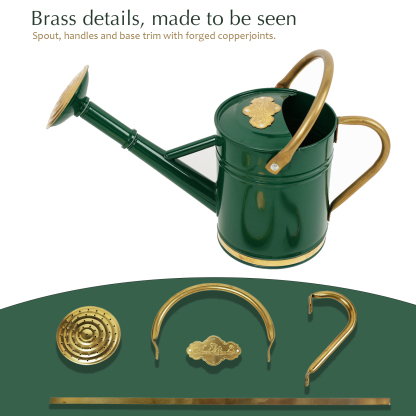 Emerald Green 1 Gallon Metal Watering Can with Solid Brass Details