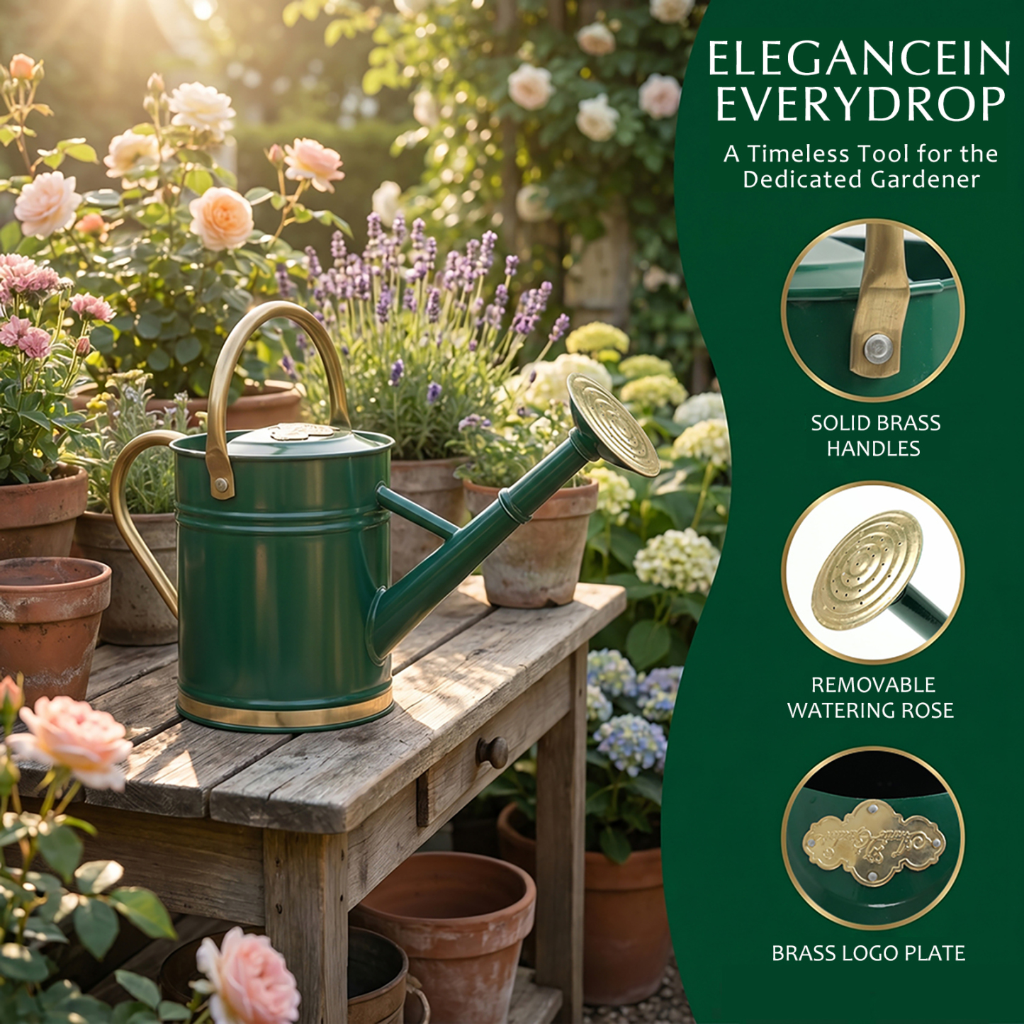 Emerald Green 1 Gallon Metal Watering Can with Solid Brass Details
