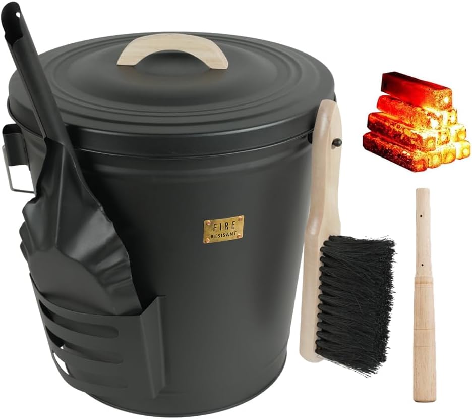 Black 5.2 Gallon Ash Bucket with Lid and Fireplace Cleanup Tools