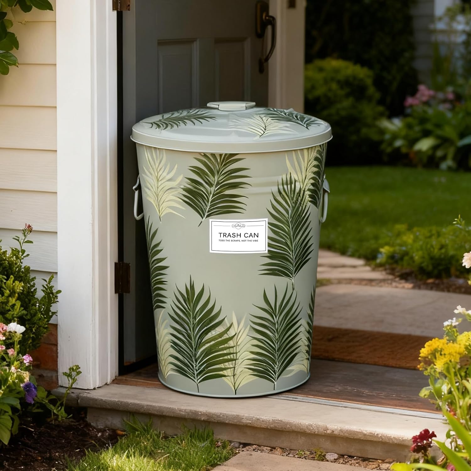 Hand Painted Metal Outdoor Storage Bin with Lid, 10 Gallon