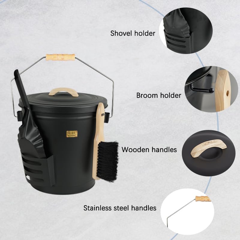 Black 5.2 Gallon Ash Bucket with Lid and Fireplace Cleanup Tools