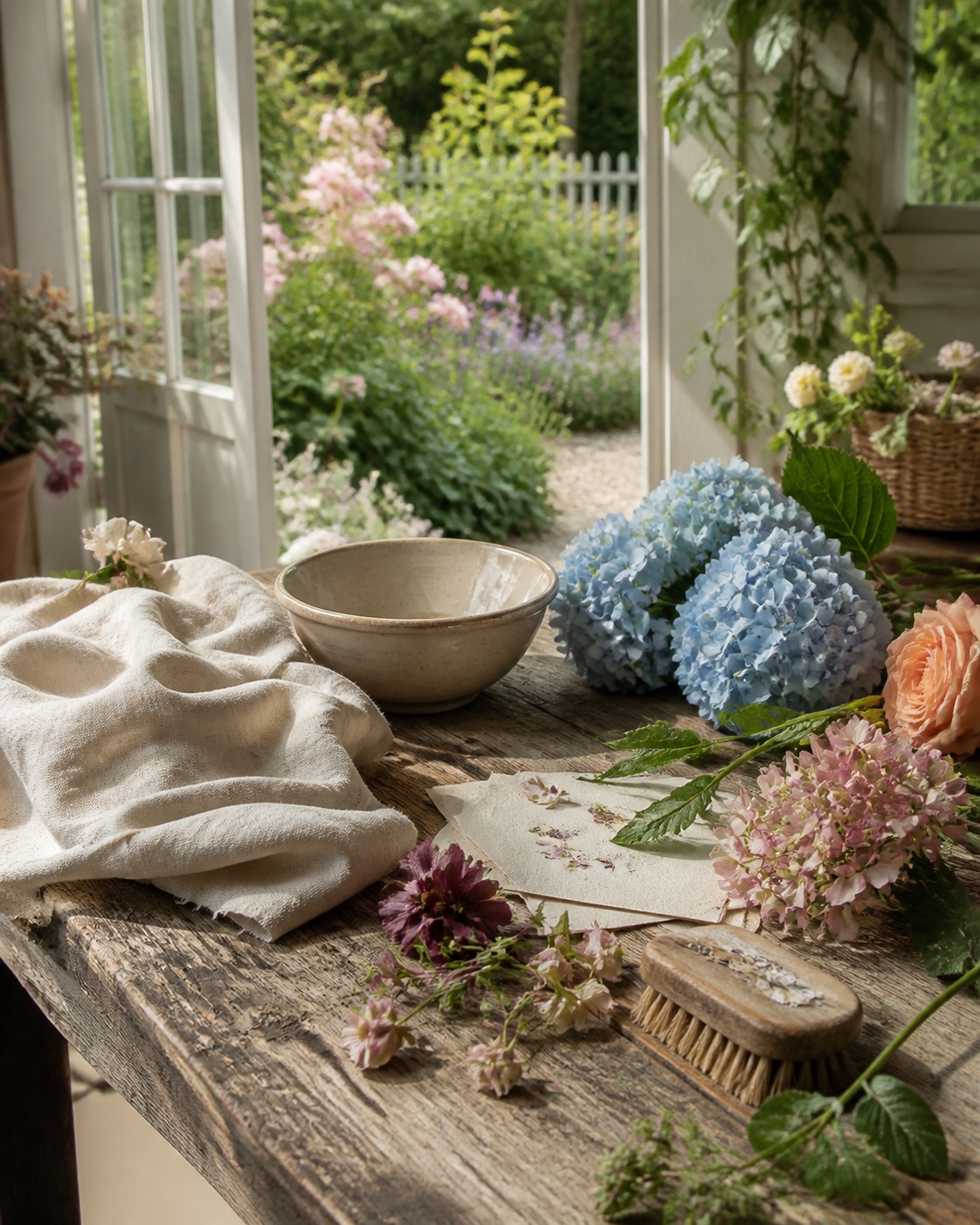 Natural garden materials, linen and flowers arranged in a bright Western garden room