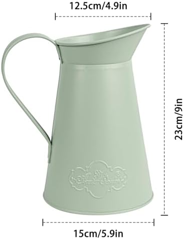Green metal milk jug vase dimensions: 4.9 by 5.9 by 9.1 inches