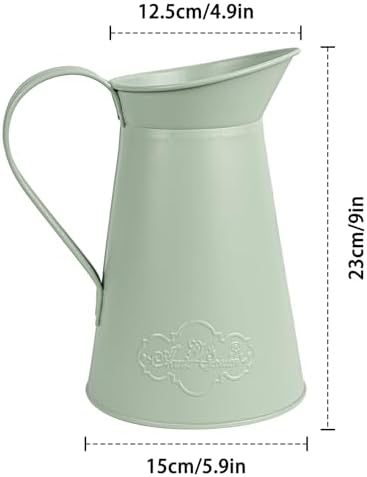 Green metal milk jug vase dimensions: 4.9 by 5.9 by 9.1 inches