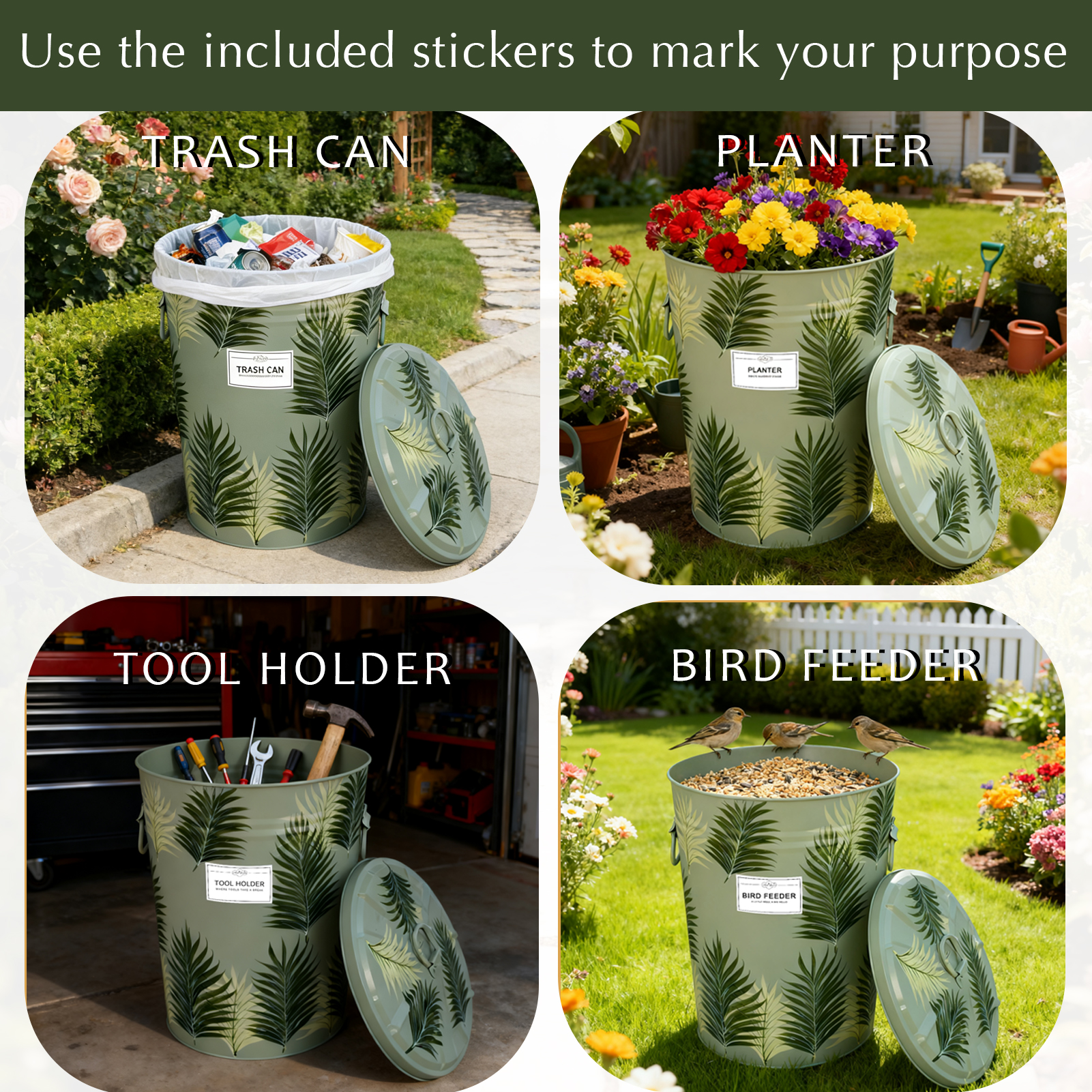Hand Painted Metal Outdoor Storage Bin with Lid, 10 Gallon