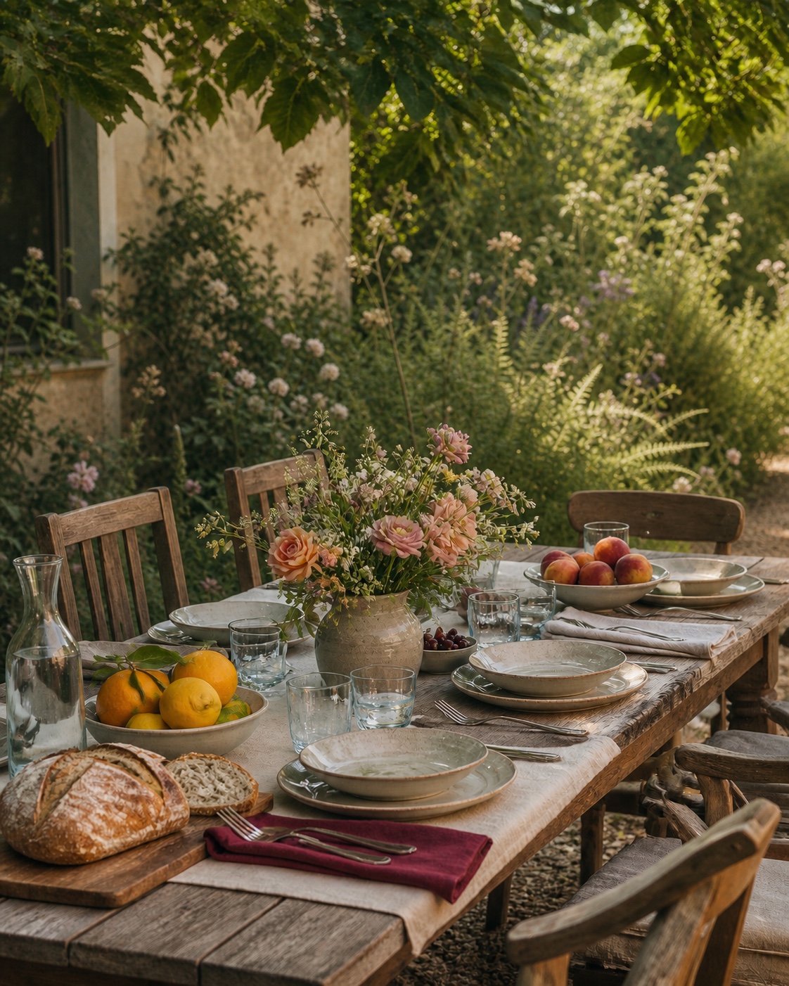 A relaxed outdoor table set for friends against a softly planted American garden