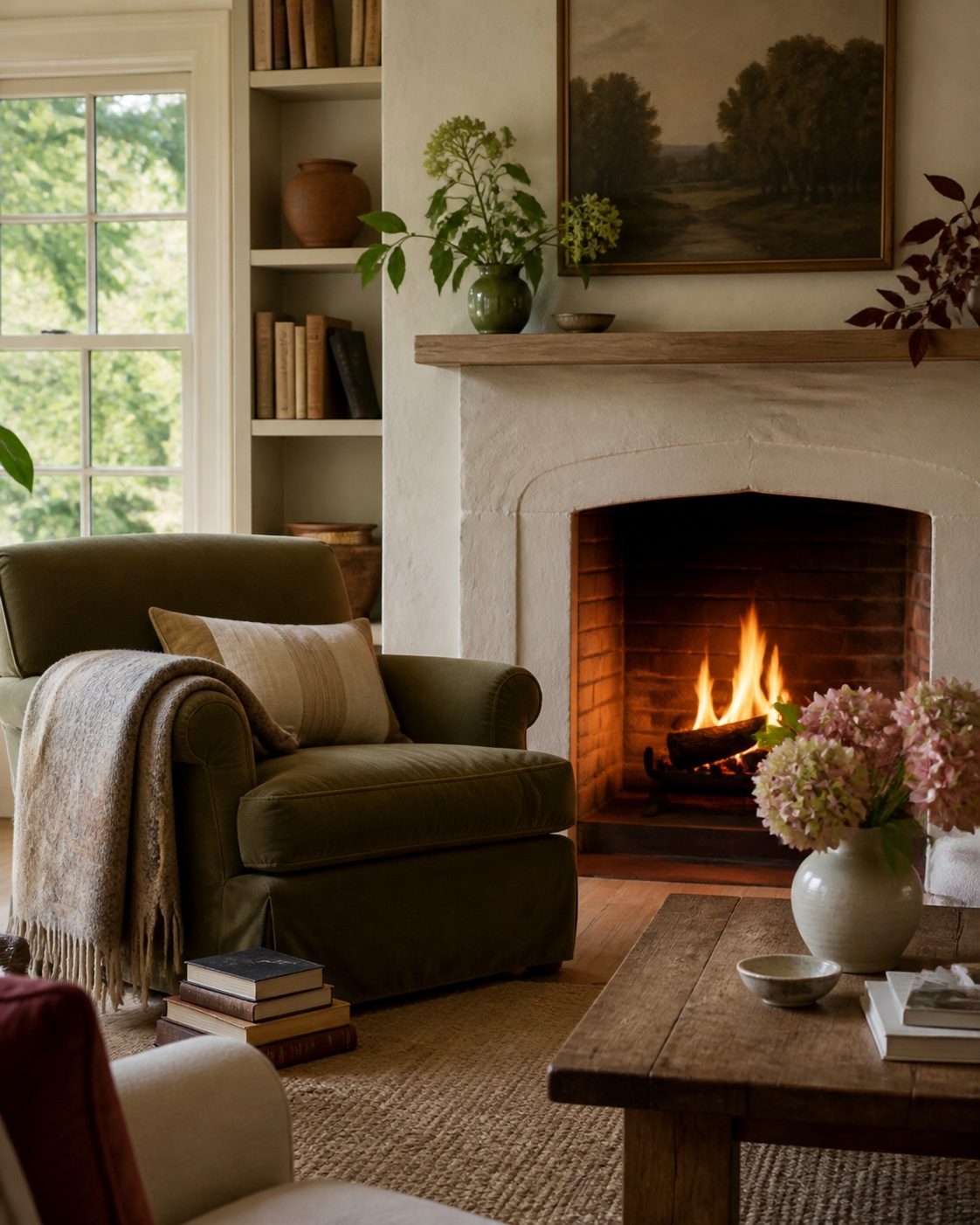 A calm Western cottage living room with a warm plaster fireplace and garden light