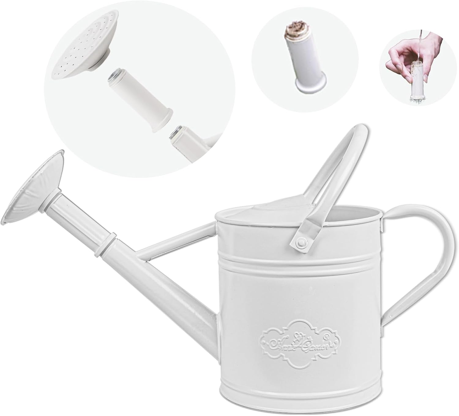 White metal watering can with removable rose, spout sections and sealing rings