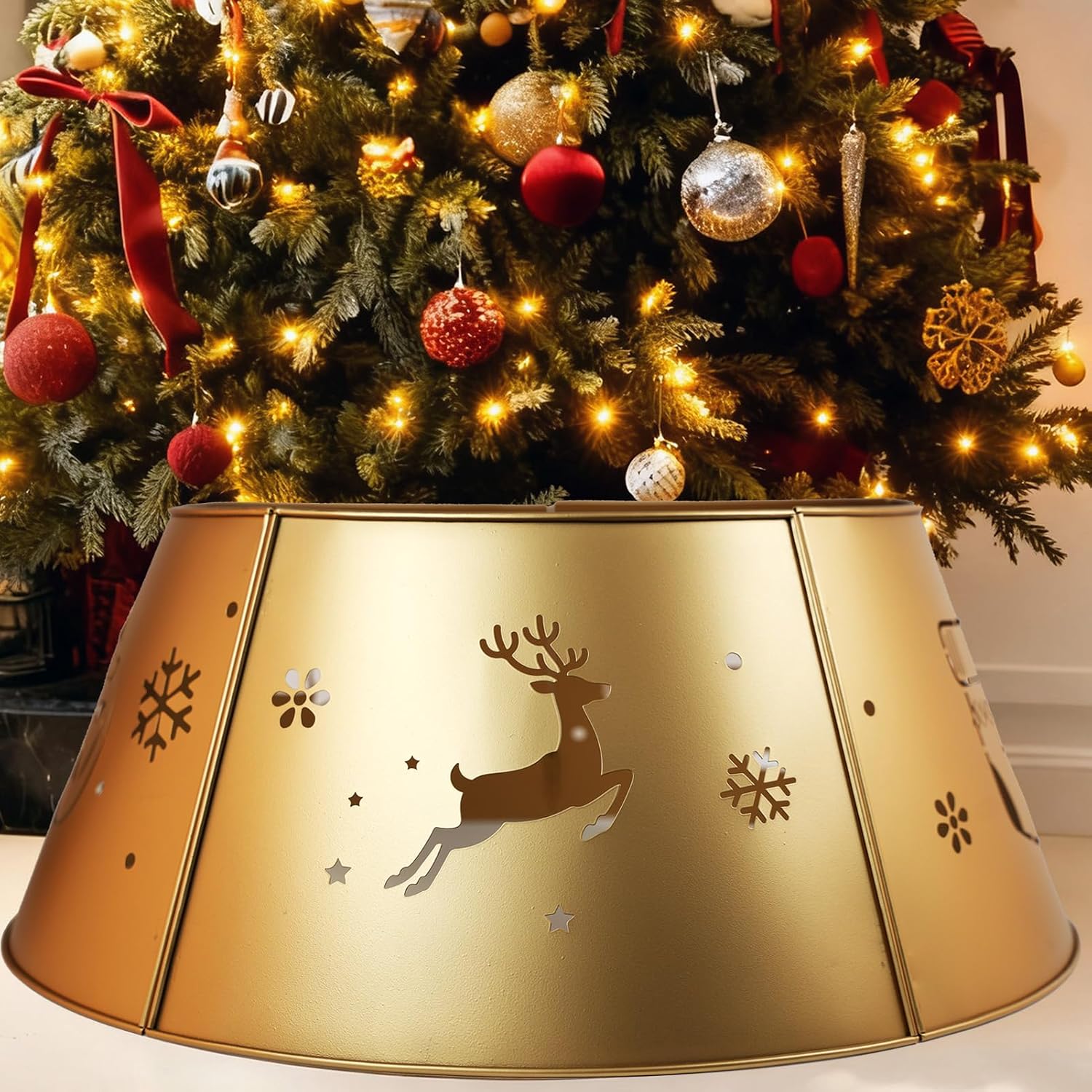 AnnieGarden gold metal Christmas tree collar for holiday decorating