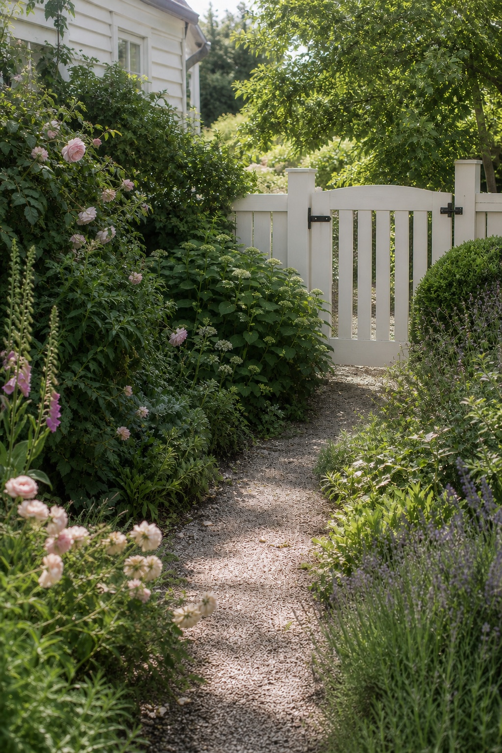A modern American garden path framed by natural plantings and a warm white gate