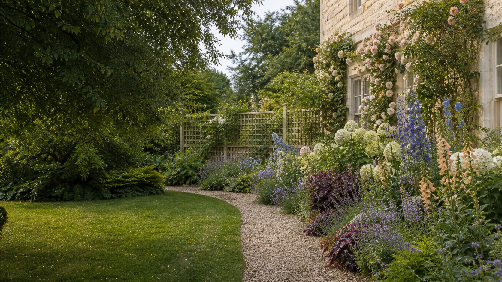 A colorful English cottage garden with roses, delphiniums and a curved gravel path