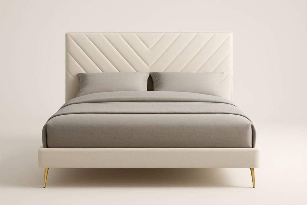 Letto matrimoniale con rivestimento in tessuto beige e gambe in acciaio dorato 200x160x110 cm