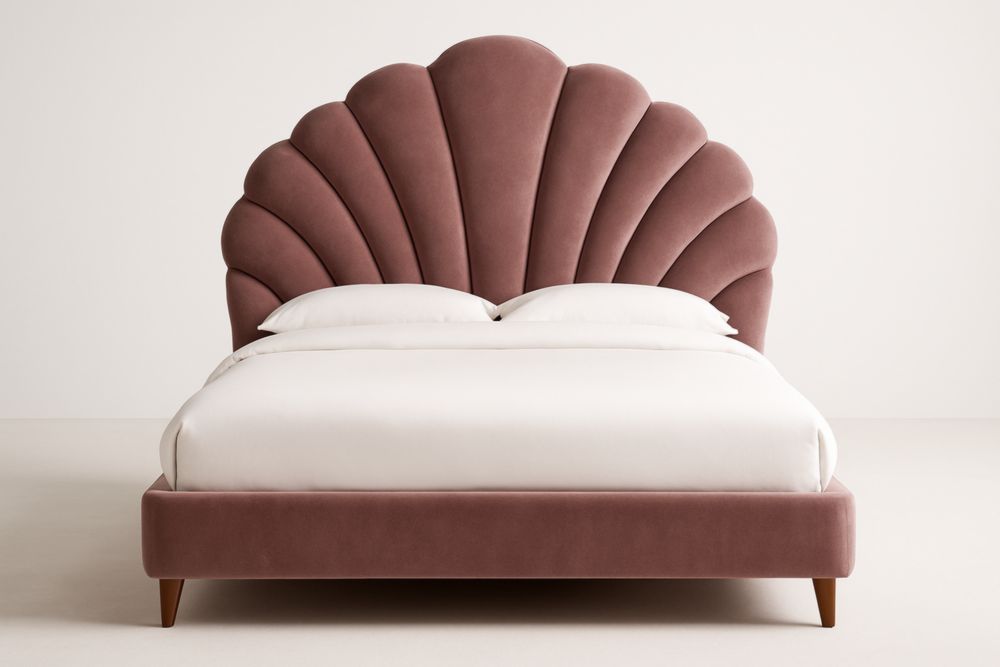 Letto matrimoniale testiera a conchiglia velluto Rosa struttura in legno massello 200x160x120 cm